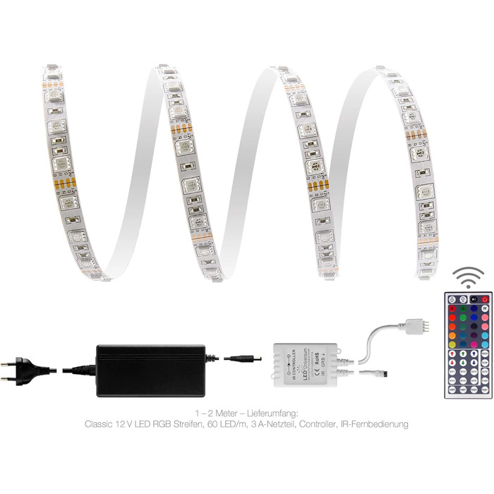 Класична світлодіодна стрічка 12 В IP20 RGB 60 LED/m 5050 ІЧ КОМПЛЕКТ з 44 кнопками Пульт дистанційного керування та блок живлення 2м