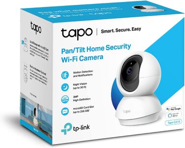 Камера відеоспостереження TP-Link Tapo C210 WLAN (поворот і нахил обєктива, роздільна здатність 3 МП, 2-сторонній аудіо, нічне бачення до 9 м, до 256 ГБ локальної памяті) білий/чорний, (упаковка з )