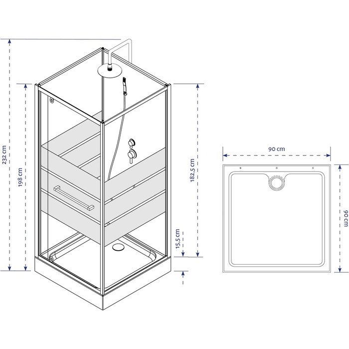 Душова кабіна з фронтальним доступом Душова кабіна з високоякісними алюмінієвими профілями Висота входу 16 см (90 x 90 x 225 см)
