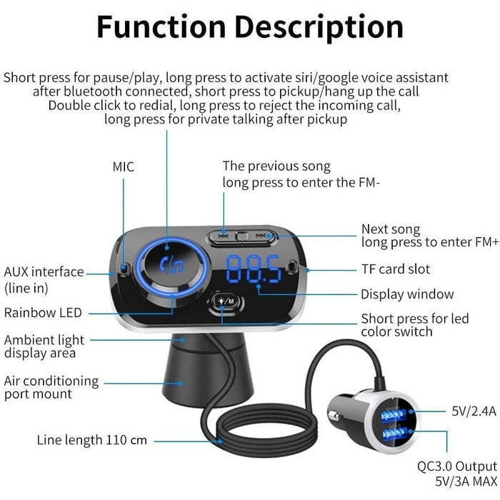 Бездротовий FM-передавач INF для автомобіля, Bluetooth 5.0, адаптер Bluetooth, із зарядним пристроєм USB, портом AUX та світлодіодом