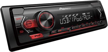 Приймач PIONEER 1-DIN з Bluetooth, червоним/білим підсвічуванням, роз'ємом USB/3,5 мм, Spotify, додатком Pioneer Smart Sync і сумісний з пристроями Apple і Android, червоний/чорний, MVH-S420BT (чорний, червоний, керування iPhone, одинарний)