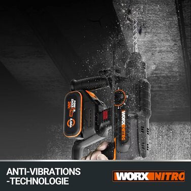 Акумуляторний перфоратор WORX NITRO WX381 20В - безщітковий двигун - багатофункціональний інструмент для свердління, перфорації та довбання - енергія удару 2 джоулі - вкл. акумулятор 20В 4Ач Pro та швидкий зарядний пристрій перфоратор 2,0 джоулі з 1 акуму