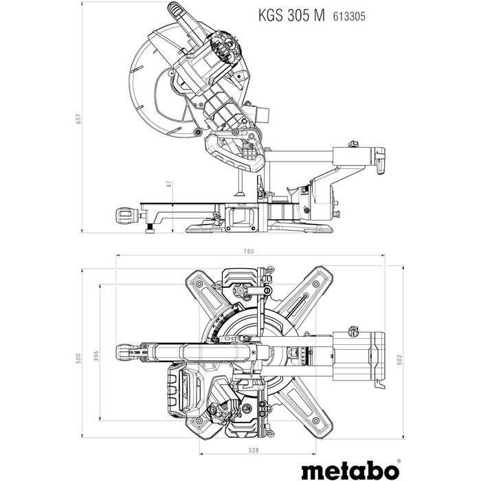 Торцювальна пила Metabo KGS 305 M - 613305000 - з лінією Precision Cut Line, пиляльним диском 305 мм і функцією протягування - довжина кабелю 2 м