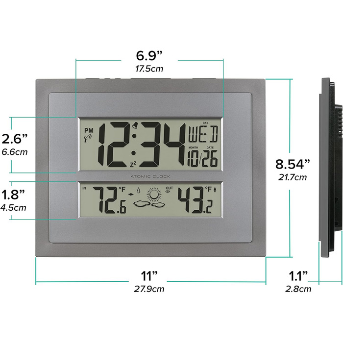 Атомний цифровий настінний годинник La Crosse Technology 512-85937-INT з температурою та прогнозом, сірий/сріблястий