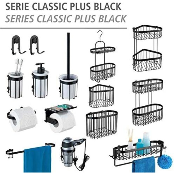 Душова стійка WENKO Bathroom Caddy Classic Plus Black, настінний кошик з високоякісним захистом від іржі, 26,5 x 47 x 12,5 см, чорний Duo (Caddy) Single