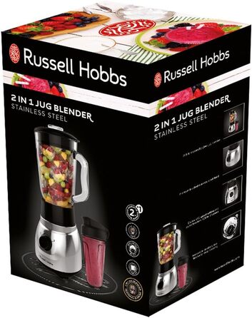 Міксер Russell Hobbs 2-в-1 блендер зі скляним контейнером 1,5 л і міні-смузі-пляшка для пиття 0,6 л з кришкою Можна мити в посудомийній машині, функція імпульсу/подрібнення льоду, чашка без BPA, нержавіюча сталь 23821-56