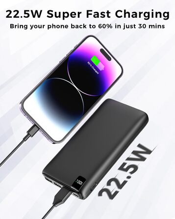 Зовнішній акумулятор Hiluckey Powerbank 27000mAh 22,5 Вт Швидка зарядка Power Bank PD USB C Портативний зарядний пристрій для мобільних телефонів зі світлодіодним дисплеєм, сумісний зі смартфоном, планшетом, чорний