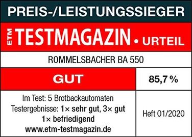 Хлібопічка ROMMELSBACHER BA 550 - 13 програм, автоматичний відсік для інгредієнтів, 2 розміри хліба (700 г / 900 г), регульований ступінь підрум'янювання на 3 рівнях, також для безглютенового хліба, нержавіюча сталь/чорний