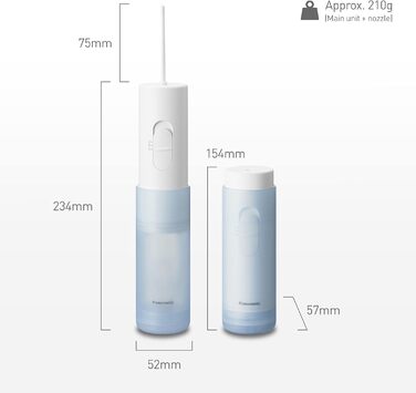 Компактна та портативна зубна нитка для зубів Panasonic EW-DJ11, бездротовий, іригатор порожнини рота з живленням від батареї з 2 рівнями тиску, насадка для чищення зубів, використання в подорожах, водонепроникний, білий/синій, 2-контактна вилка Великобри