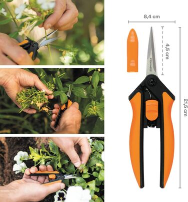 Садові ножиці Fiskars Microtip SP13, довжина 21,5 см, високоякісні сталеві леза/пластикова ручка, чорний/помаранчевий, суцільний, 1051600