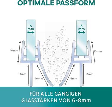Душовий ущільнювач Meisterfaktur 2 шт. - Розширений дефлектор води - Ідеальне ущільнення для скляних дверей 6,7,8 мм у душових кабінах (6-8 мм (прозорий))