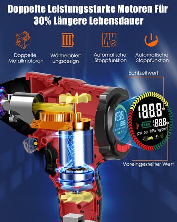 Повітряний компресор AUTDER, портативний електричний повітряний насос 180PSI Max, акумулятор 21 В 2000 мАг, автомобільний блок живлення 12 В, компресор з автостопом для автомобільного мотоцикла, червоний