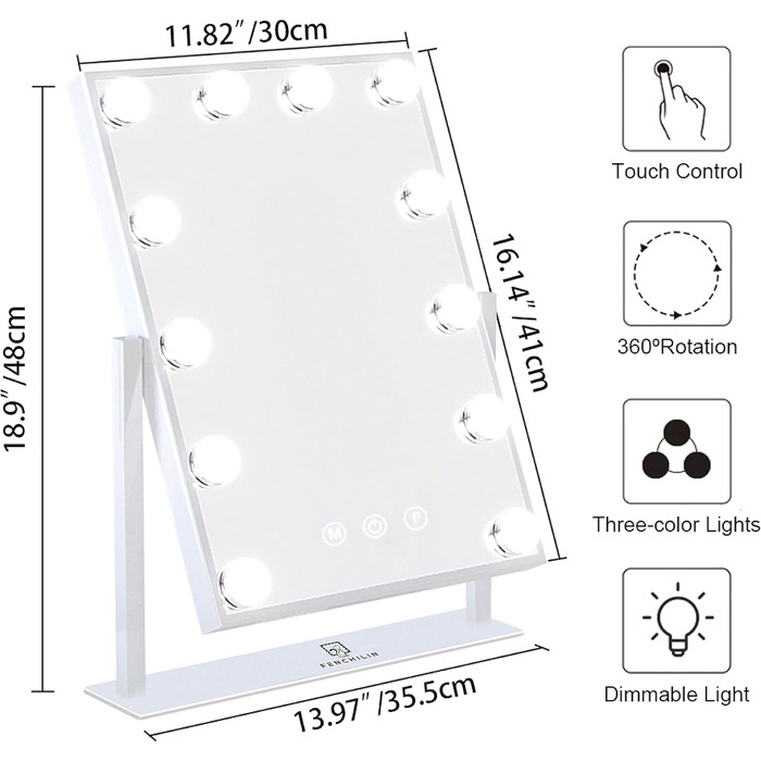 Голлівудське дзеркало для макіяжу з підсвічуванням 12 світлодіодних ламп з регулюванням яскравості на 360 поворотне дзеркало для макіяжу з 3 кольорами світла 10-кратне збільшення Сенсорне управління Білий 30x41 см A-білий