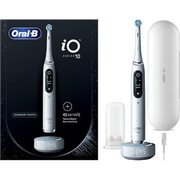 Акумуляторна електрична зубна щітка Oral-B iO 10, датчик тиску, інтерактивний дисплей, штучний інтелект з живим тренуванням, 1 насадка для щітки, 1 зубна щітка, дорожній футляр, білий, ідея для подарунка