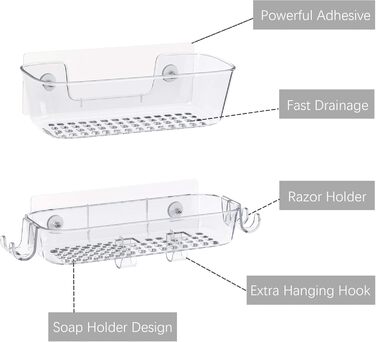Душова полиця, самоклеючий органайзер для душу, нержавіюча, з тримачем для бритви та гачком, душова полиця для зберігання у ванній кімнаті (прозора, 2 шт.)