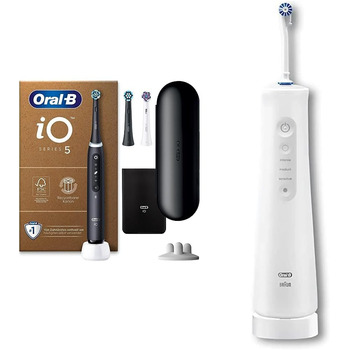 Електрична зубна щітка Oral-B iO Series 5 Plus Edition та акумуляторний іригатор для порожнини рота AquaCare 6, 3 змінні насадки, очищувач міжзубних щіток Matt Black Bundle з іригатором для порожнини рота