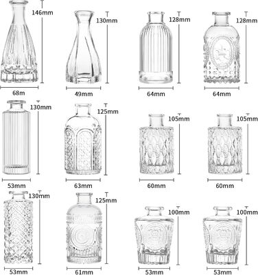 Маленькі вази Набір з 12 міні-ваз Скляна ваза Вінтажні весільні кристали Прозора ваза для квітів Різні розміри Сучасні вузькі скляні вази Прикраса столу Для квітів Прикраса вітальні Ванна кімната Подарунок на День матері Прозорий-12