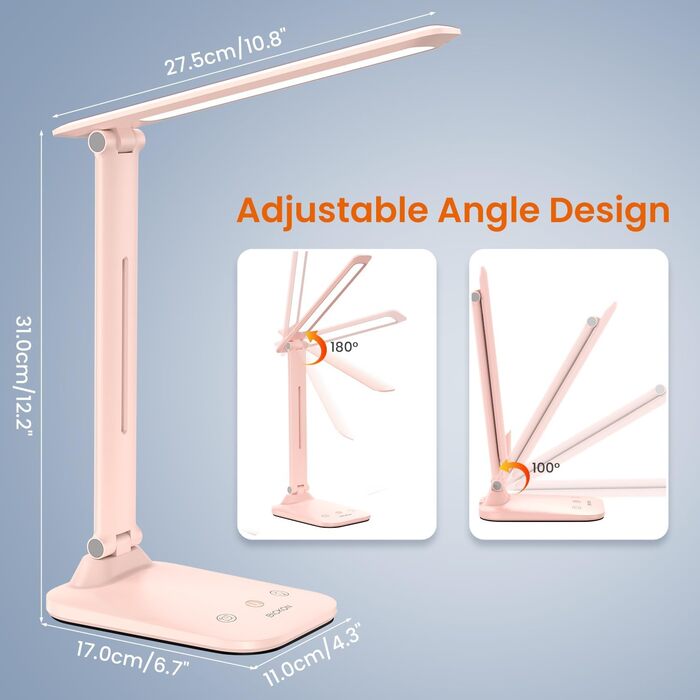 Настільна лампа, настільна лампа світлодіодна з регулюванням яскравості з 5 режимами освітлення Рівні яскравості 15-100, таймер і сенсорна настільна лампа з USB-портом Лампа для читання для дітей Навчання в офісі Робота Навчання (рожева настільна лампа з 