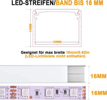 Алюмінієвий світлодіодний профіль Angdarun 12 упаковок, світлодіодний профіль для світлодіодної стрічки шириною до 16 мм, смуга/смуга, алюмінієвий профіль 1 м/3,3 фута для світлодіодного каналу, алюмінієвий профіль для світлодіодної стрічки для прикраси д