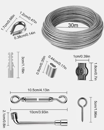 Комплект сталевої мотузки Jissta 3 мм 30 м, 304 Направляюча шпалери з нержавіючої сталі з нержавіючої сталі, сталевий трос з вушками, Набір для натягу дротяної мотузки, для шторної мотузки, В'юнкі рослини, Струнна легка підвіска, Мотузка для білизни