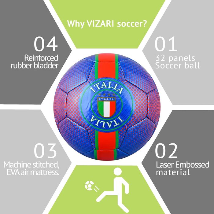 Футбольний м'яч Vizari Italia - Тренувальний футбольний м'яч з малюнком 32 поля - Футбол - Збірна Італії - Синій - Розмір 5