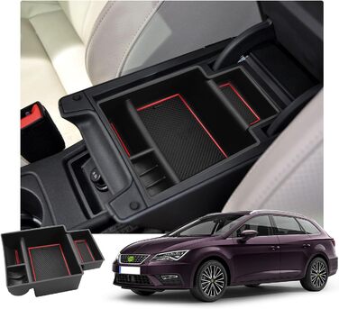 Сумісний з 2013-2019 Seat Leon 5F MK3 Cupra Центральна консоль Ящик для зберігання речей, Органайзер підлокітника Лоток Центральний підлокітник Бардачок Центральний пульт Органайзер Відсік для зберігання Leon Leon Leon MK3 Red