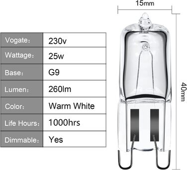 Галогенна лампа G9 25W 230V Лампа для духовки, галогенна лампочка G9 для духовки, мікрохвильовки, витривалість до 300 градусів C, упаковка 4 шт.