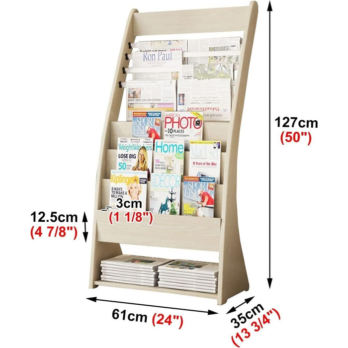 Підлоговий дерев'яний стелаж для газет, багатошаровий, категоризований простір для зберігання з великою місткістю, невелика площа (натуральний)
