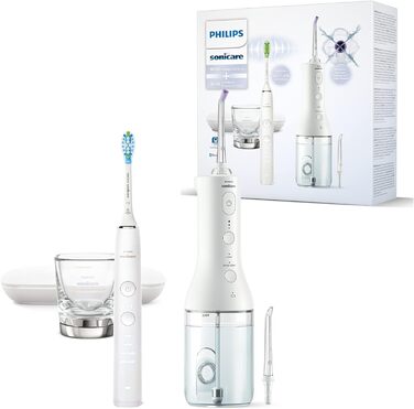 Бездротовий іригатор для порожнини рота Philips Sonicare Power Flosser та електрична зубна щітка DiamondClean 9000 - для очищення зубів, ясен і зубного нальоту, біла (модель HX3866/41)