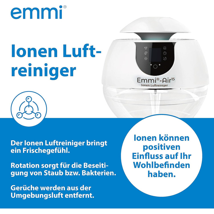 Іонний очищувач повітря Emmi Air - підходить для алергіків до 35 м Очищувач повітря з іонами, що нейтралізують запах Ідеальний захист від пилу, вірусів, пилку та запаху акрилу