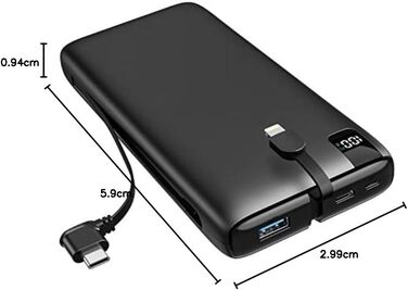 Зовнішній акумулятор SOARAISE Powerbank 26800mAh - USB C Power Bank з інтегрованими кабелями 22,5 Вт Швидка зарядка Портативний зарядний пристрій 4 виходи та 2 входи для мобільних телефонів та планшетів чорний