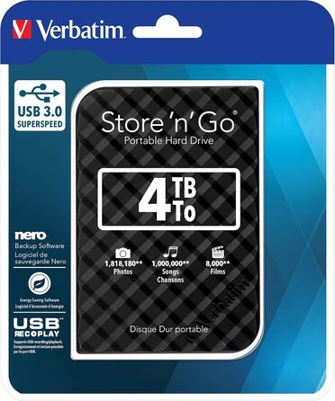 Портативний жорсткий диск Verbatim Store 'n Go, 4 ТБ, чорний, зовнішній жорсткий диск, USB 3.0, зовнішній жорсткий диск, для Windows і Mac OS X, портативний жорсткий диск, поверхня жорсткого диска USB рифлена 4 ТБ чорний