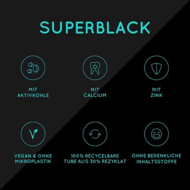 Веганська зубна паста з активованим вугіллям SuperBlack зі смаком м'яти - Чорна зубна паста для білих зубів - Упаковка для зберігання (5 x 75 мл) SuperBlack Mint