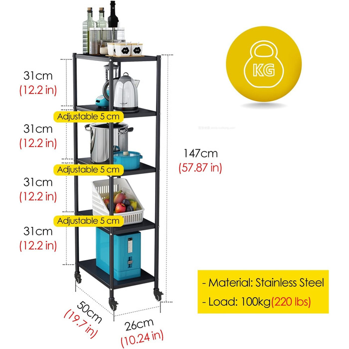 Полиця для зберігання шириною 26 см для кухні та ванної кімнати, дуже висока, рухома, вузька організаційна візок з 5 полицями на коліщатках, міцна, вузька металева полиця (Колір Onecolor , Розмір 26x50x147см Onecolor