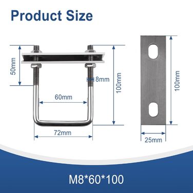 Болт M8, U-подібний різьбовий кронштейн, квадратні болти, U-болти затискачі, U-болти для саду, автофургонів, DIY, сонячної установки та кріплення (8 шт., M8x60x100 мм)