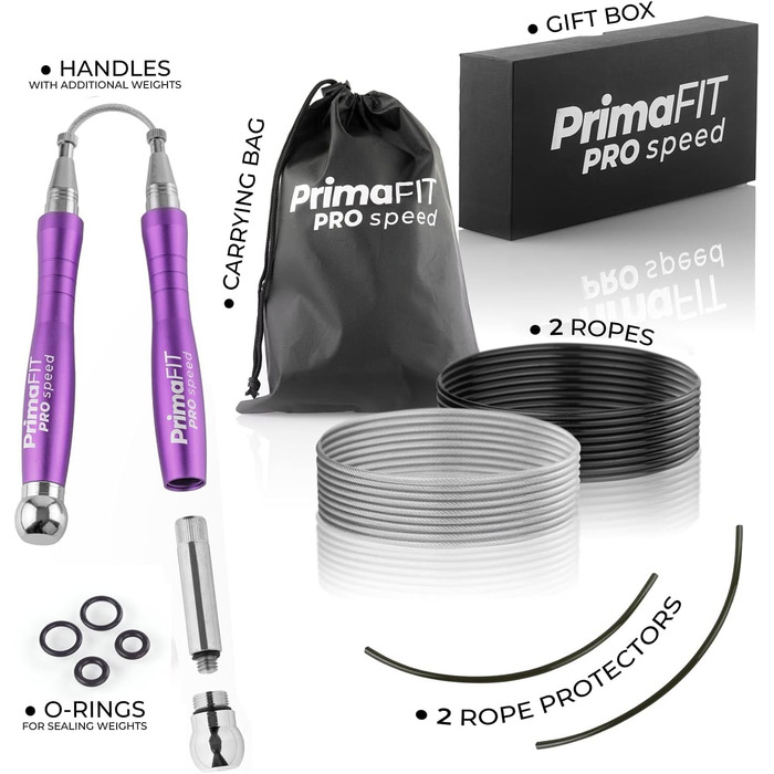 Скакалка PrimaFIT для дорослих Fitness Pro Швидкісна скакалка 3 м регулюється з обтяженнями, 2 кульковими підшипниками та протиковзкими ручками, професійний скіппінг для боксу, ММА, кроссфіт, додаткова сталева мотузка, сумка (фіолетова)