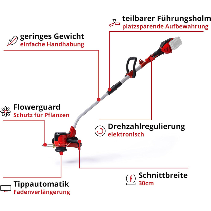Акумуляторний тример для трави Einhell GE-CT 36/30 Li E - Solo Power X-Change (літій-іонний, 2x18 В, 9 000 об/хв, електр. Регулювання швидкості, котушка волосіні з автоматичним краном, Flowerguard, без акумулятора та зарядного пристрою) без акумулятора та