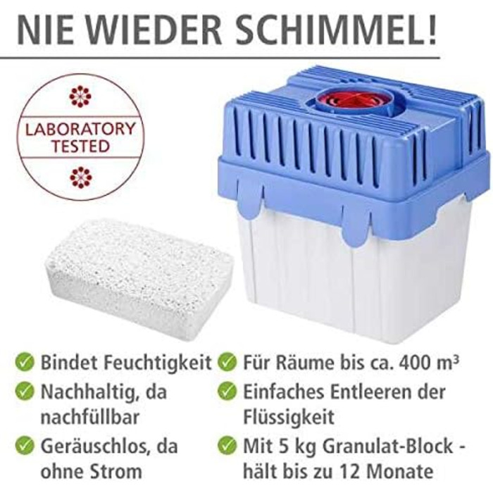Осушувач повітря WENKO 24 x 16 x 15 см з гранульованим блоком 5 кг, вміщує до 1,4 літра вологи багаторазовий, зменшує цвіль і запахи, білий