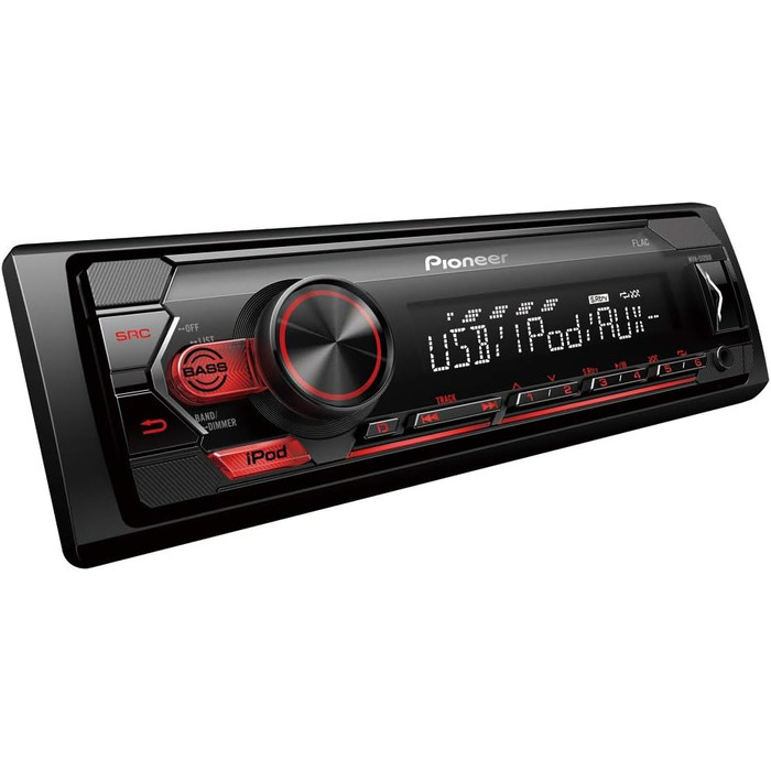 Приймач PIONEER 1-DIN з Bluetooth, червоним/білим підсвічуванням, роз'ємом USB/3,5 мм, Spotify, додатком Pioneer Smart Sync і сумісний з пристроями Apple і Android, червоний/чорний, MVH-S420BT (чорний, червоний, керування iPhone, одинарний)