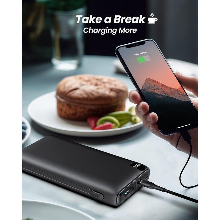 Зовнішній акумулятор SOARAISE Powerbank 26800mAh - USB C Power Bank з інтегрованими кабелями 22,5 Вт Швидка зарядка Портативний зарядний пристрій 4 виходи та 2 входи для мобільних телефонів та планшетів чорний