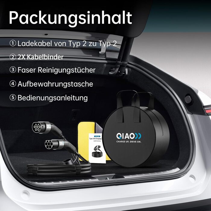 Кабель для заряджання електромобіля QIAO, тип 2, 11 кВт, 5 м, 16 А, 3 фази, IEC 62196, кабель для заряджання електромобіля від типу 2 до типу 2, кабель для швидкого заряджання електромобіля/підключається до мережі з сумкою для транспортування