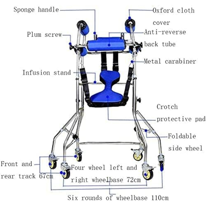 Прогулянкова рама для людей похилого віку з інсультною геміплегією, нержавіюча сталь, допоміжний засіб для стояння з 6 колесами, реабілітаційний пристрій, дитячий церебральний параліч, максимальне навантаження 180 кг, це так добре з вашого боку