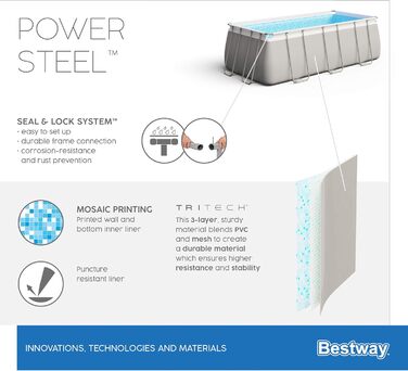 Набір басейнів Bestway Power Steel Frame з фільтруючим насосом 404 x 201 x 100 см, світло-сірий, квадратний