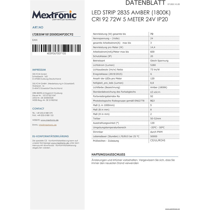 Світлодіодна стрічка Metronic бурштинова теплий білий, 24 В, 72 Вт, 1 800K, IP20, 5 метрів