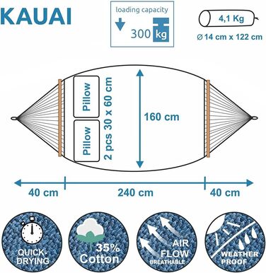 Гамак XXL з 2 подушками 240 x 160 см Смарагдовий (зелений) або аква (синій) 300 кг протестовано TV Бавовна Барний гамак на 2 особи з монтажним набором Aqua