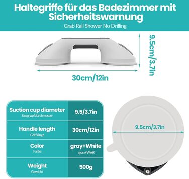 Поручні LORESJOY для людей похилого віку, душова кабіна без свердління, знімна ручка для душу MAX 120 кг, ручка для ванни з попередженням про всмоктування для інвалідів та людей похилого віку (12 дюймів)