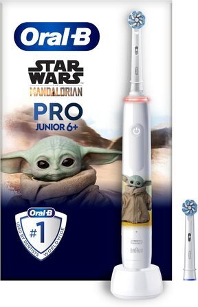 Електрична зубна щітка Oral-B Pro Junior Star Wars для дітей віком від 6 років, 2 насадки для щітки, контроль тиску на 360, 2 режими чищення, включаючи чутливу для догляду за зубами, мяка щетина, білий