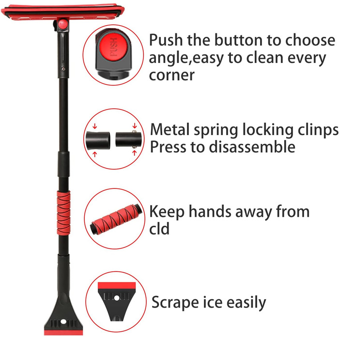 Автомобільний телескопічний скребок для льоду quxup Whisk 91 см Щітка для прибирання автомобіля з поролоновою ручкою, скребок для снігу без подряпин для легкового автомобіля, вантажівки, позашляховика, лобового скла, вікна автомобіля, великий червоний