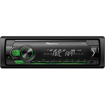 Автомобільна стереосистема Pioneer MVH-S120UI 1-DIN з RDS, зеленим підсвічуванням, половинною глибиною встановлення, USB для MP3, WMA, WAV, FLAC, AUX входом, підтримкою Android, керуванням iPhone, сумісністю з ARC