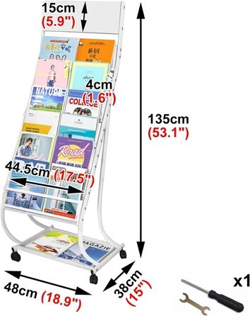 Підлогова підставка для журналів, підставка для журналів, металева, підставка для плакатів на колесах, підставка для брошур, для офісу, банківського залу, багатоцільова підставка (колір білий)